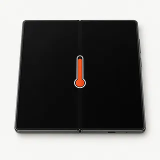 Samsung Galaxy Z Fold8 Ultra opened flat, with an orange-red thermometer symbol on the black inner screen