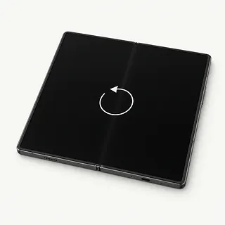 Samsung Galaxy Z Fold8 Ultra opened flat, with a white restart arrow on its black inner screen
