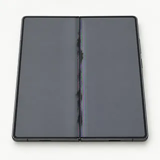 Samsung Galaxy Z Fold8 Ultra in dark gray, opened flat with colored lines and dark blotches along the inner screen fold
