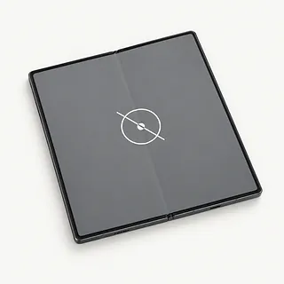 Samsung Galaxy Z Fold8 Ultra opened flat, with a white crossed-out tap symbol on the gray inner screen