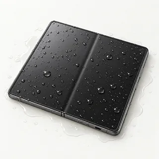 Samsung Galaxy Z Fold8 Ultra in gray, opened flat with water droplets covering the dark inner screen