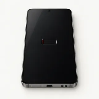 Samsung Galaxy S phone in gray, front view with a nearly empty battery icon on the dark screen