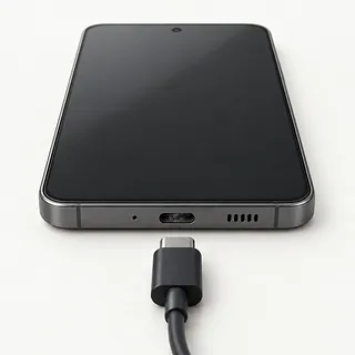 Samsung Galaxy S phone in gray, bottom view with lint in the USB-C port and an unplugged black cable