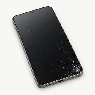 Samsung Galaxy S phone in gray, front view with cracks spreading from the lower right corner of the dark screen