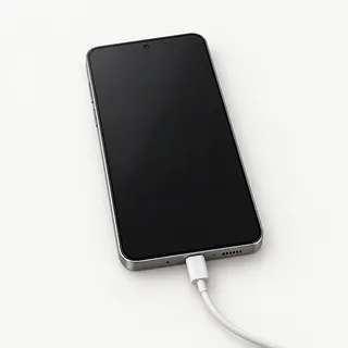 Samsung Galaxy S phone in gray, front view with a black screen and a white charging cable plugged in