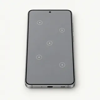 Samsung Galaxy S phone with a silver frame, screen facing up with five white tap rings on gray
