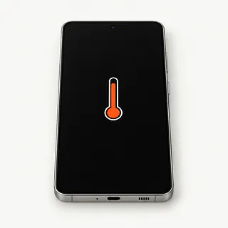 Samsung Galaxy S phone, front view with a black screen and an orange-red thermometer symbol