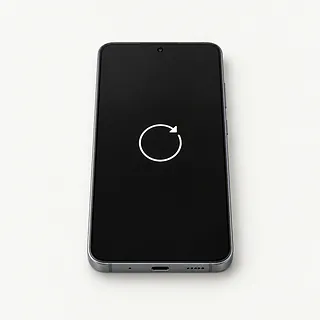 Samsung Galaxy S phone with a silver frame, black screen facing up with a white restart arrow