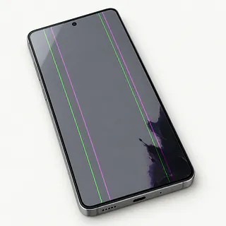 Samsung Galaxy S phone in gray, front view with green and magenta screen lines and a dark blotch in one corner