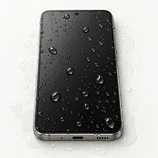 Samsung Galaxy S phone in gray, front view with water droplets covering the dark screen and water pooled around it