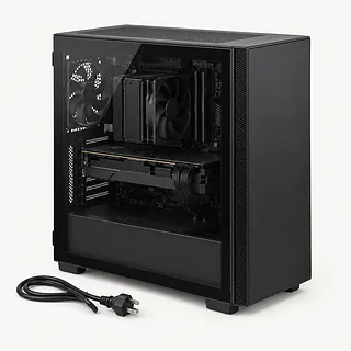 Gaming PC in black, front and glass side visible with unlit internal components and an unplugged power cable beside it