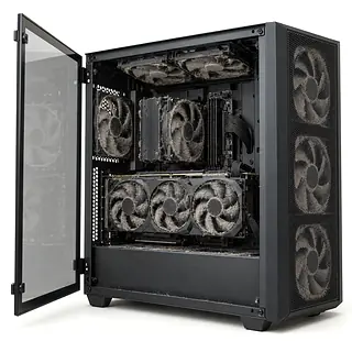Black gaming PC with its glass side panel open and graphics card and case fans clogged with gray dust and lint
