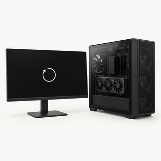 Gaming PC in black, front-left view with a glass side panel and a monitor showing a white restart arrow