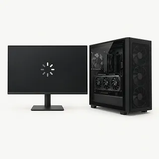 Gaming PC in black, front-left view with a glass side panel and a monitor showing a white loading spinner
