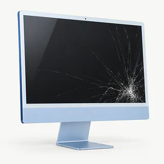 iMac in blue, angled front view with cracks spreading from the lower right corner of the dark screen