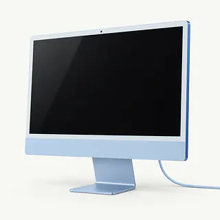 iMac in blue, angled front view with a completely dark screen and power cable extending behind it