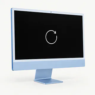 iMac in blue, front-left view with a white restart arrow on a black screen