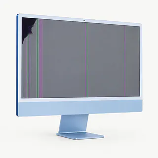 iMac in blue, angled front view with green and magenta lines on a gray screen and a dark blotch in the upper left corner