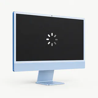 iMac in blue, front-left view with a white loading spinner on a dark screen