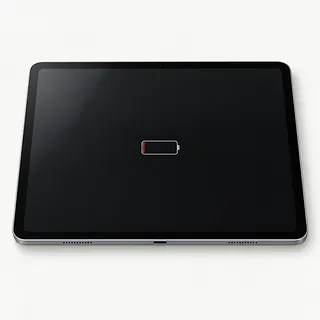 iPad in silver, front view with a nearly empty red battery icon at the center of the dark screen