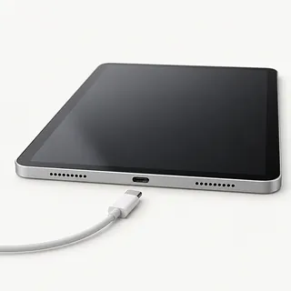 iPad in silver, front and edge view with gray lint in the USB-C port and an unplugged cable in front