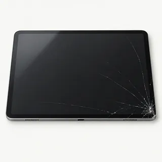 iPad in silver, front view with cracks spreading from the lower right corner across the dark screen