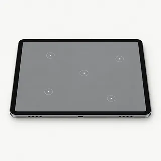iPad in silver, screen facing up with five white tap rings on a gray display