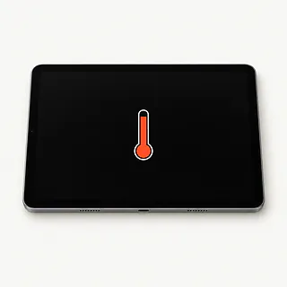 iPad with a silver frame, front view with an orange-red thermometer symbol on a black screen