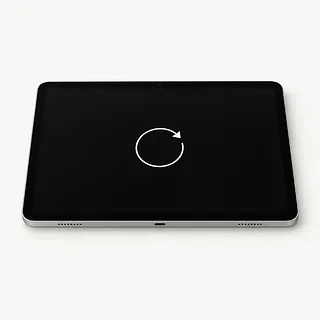 iPad with silver edges, front view with a white circular arrow in the center of a black screen