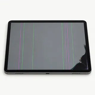 iPad in silver, screen side up with green and magenta lines on a gray display and a dark blotch in the lower right