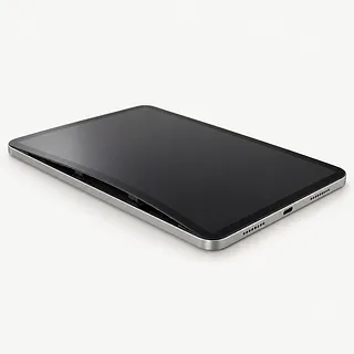 iPad in silver, screen side up with the black screen lifted away from the frame along one long edge