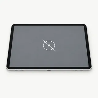iPad with a silver frame, front view with a white crossed-out tap symbol on a gray screen