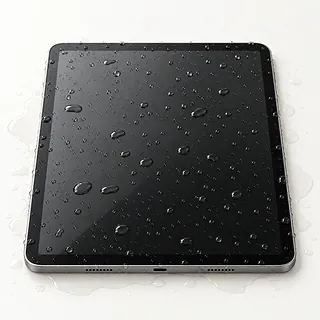 iPad in silver, screen side up with water droplets covering the dark display and a shallow puddle around it
