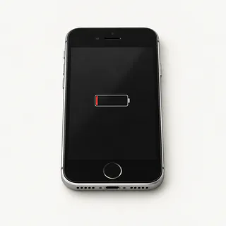 iPhone SE with a black front and silver edges, front view with a nearly empty red battery icon on the dark screen