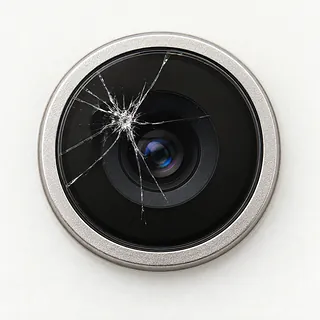 iPhone SE rear camera close-up with a silver ring and starburst cracks in the glass over the black lens