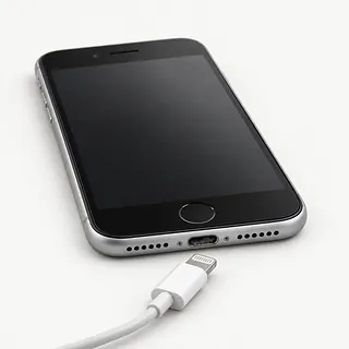 iPhone SE in black and silver, bottom view with lint in the Lightning port and an unplugged cable