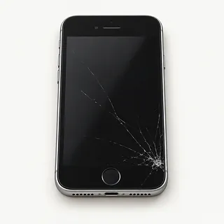 iPhone SE with a black front and silver edges, front view with cracks spreading from the lower right corner