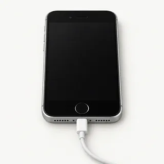 iPhone SE with a black front and silver edges, front view with a dark screen and a white charging cable plugged in
