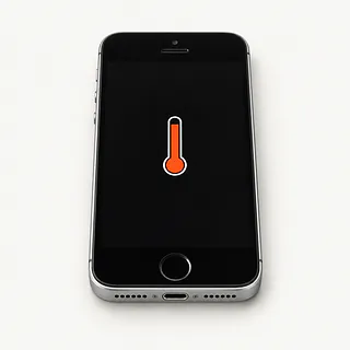 iPhone SE with silver edges, front view with a round Home button and an orange-red thermometer symbol on a black screen