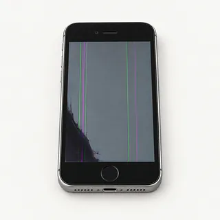 iPhone SE in black and silver, front view with green and magenta screen lines and a dark patch in the lower left corner