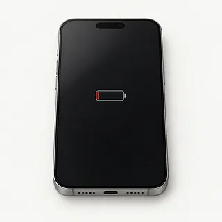 iPhone with silver edges, front view with a nearly empty red battery icon on a black screen