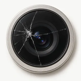 iPhone rear camera close-up with a silver ring and starburst cracks in the lens cover glass