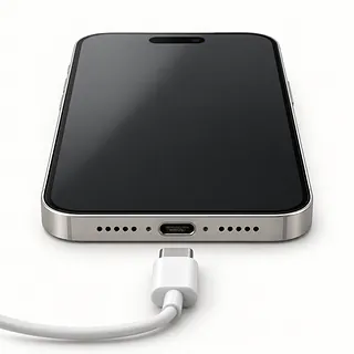 iPhone silver bottom edge with gray lint in the USB-C port and an unplugged white charging cable in front