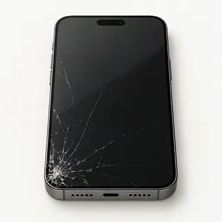 iPhone with silver edges, front view with cracks spreading from the lower left corner across the black screen