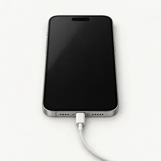 iPhone with silver edges, front view with a black screen and a charging cable plugged in
