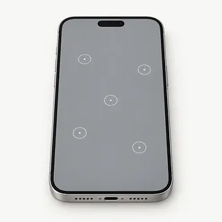 iPhone with silver edges, screen up with five white tap rings on the gray display