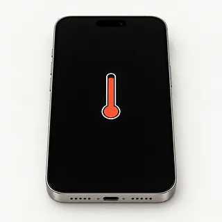 iPhone with silver edges, front view with Dynamic Island and an orange-red thermometer symbol on a black screen