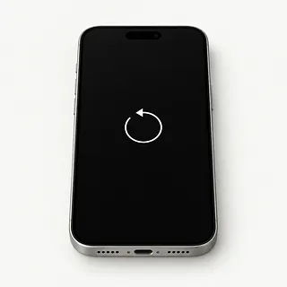 iPhone with silver edges and Dynamic Island, front view with a white restart arrow on the black screen
