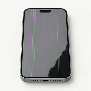 iPhone with silver edges, front view with green and magenta lines and a black blotch on the gray display