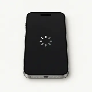 iPhone with silver edges, front view with a Dynamic Island and a loading spinner on the dark screen